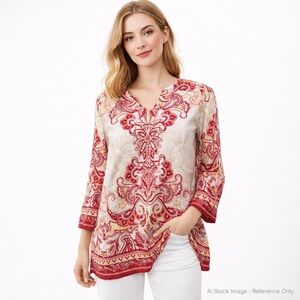 JM Collection Paisley Print Linen Tunic Red Tan - Size Medium
